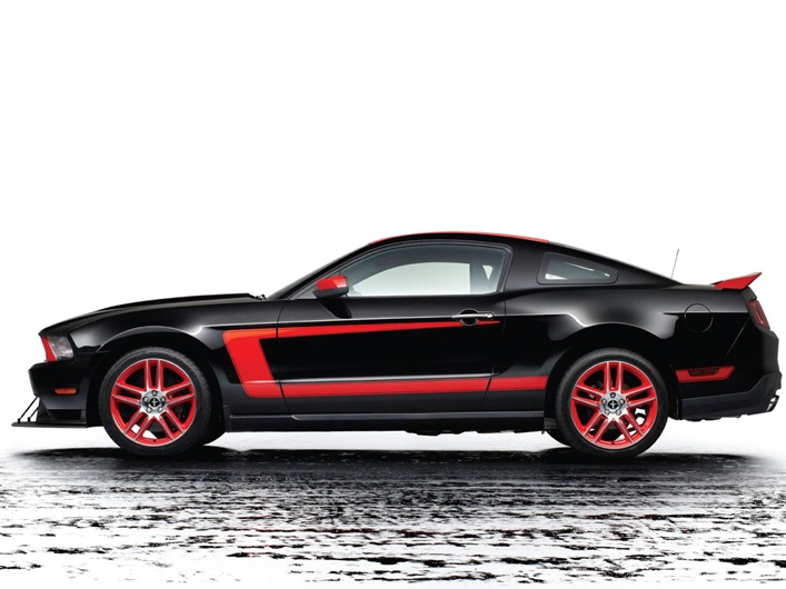 black Ford Mustang with custom red pin stripes on the side of the car