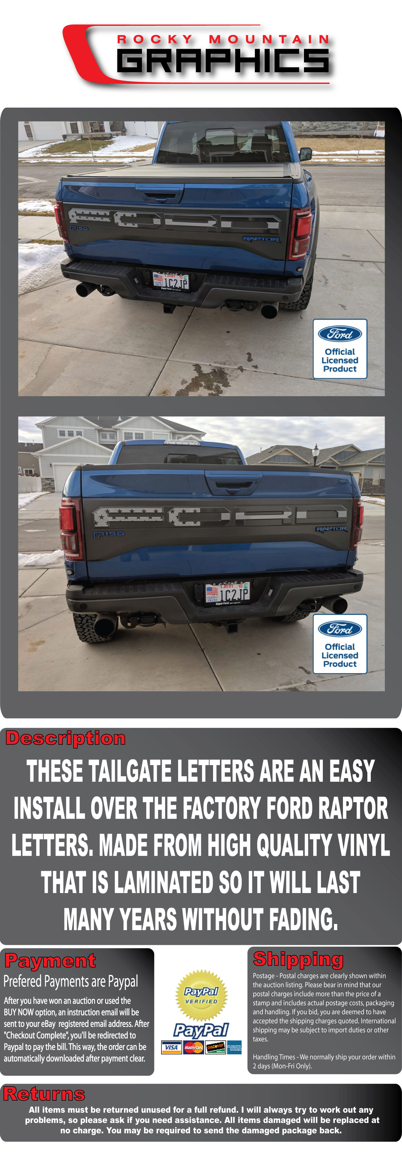 replacement tailgates for ford trucks on 2017 Ford Raptor Tailgate Letters American Flag Subdued W Outlines Ovelay Auto Parts Accessories Kennovation Services Car Truck Decals Emblems License Frames
