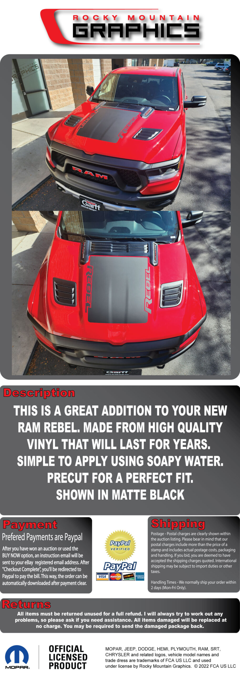 thumbnail image 2 of Rocky Mountain Graphics Hood Graphics Vinyl Decals For 2025 Ram 1500 Rebel – V2 Mopar Style 2 of 6
