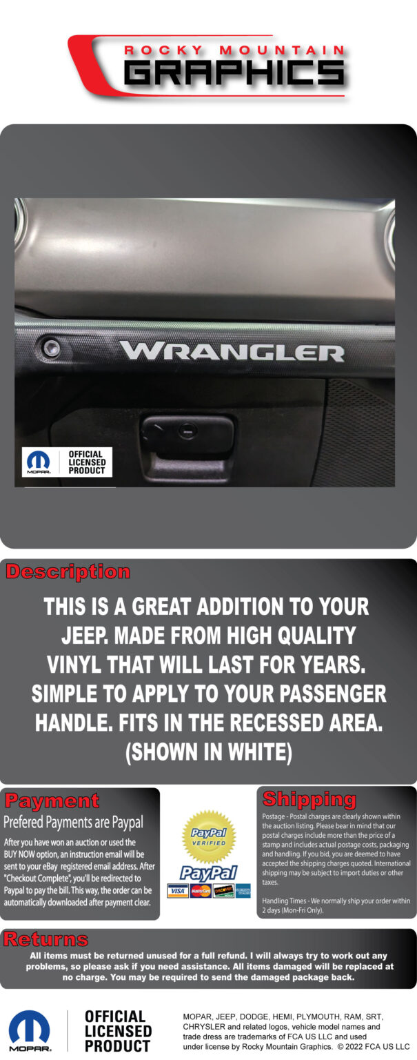 FITS 20182023 JEEP JL WRANGLER GRAB HANDLE DECALS GLOVEBOX INLAY
