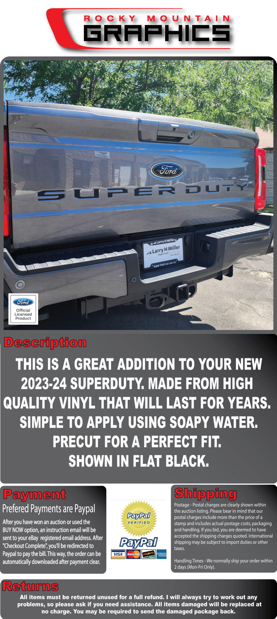 2023-2025 Ford Super Duty Tailgate Inserts Letters Vinyl Decals Stickers F-250